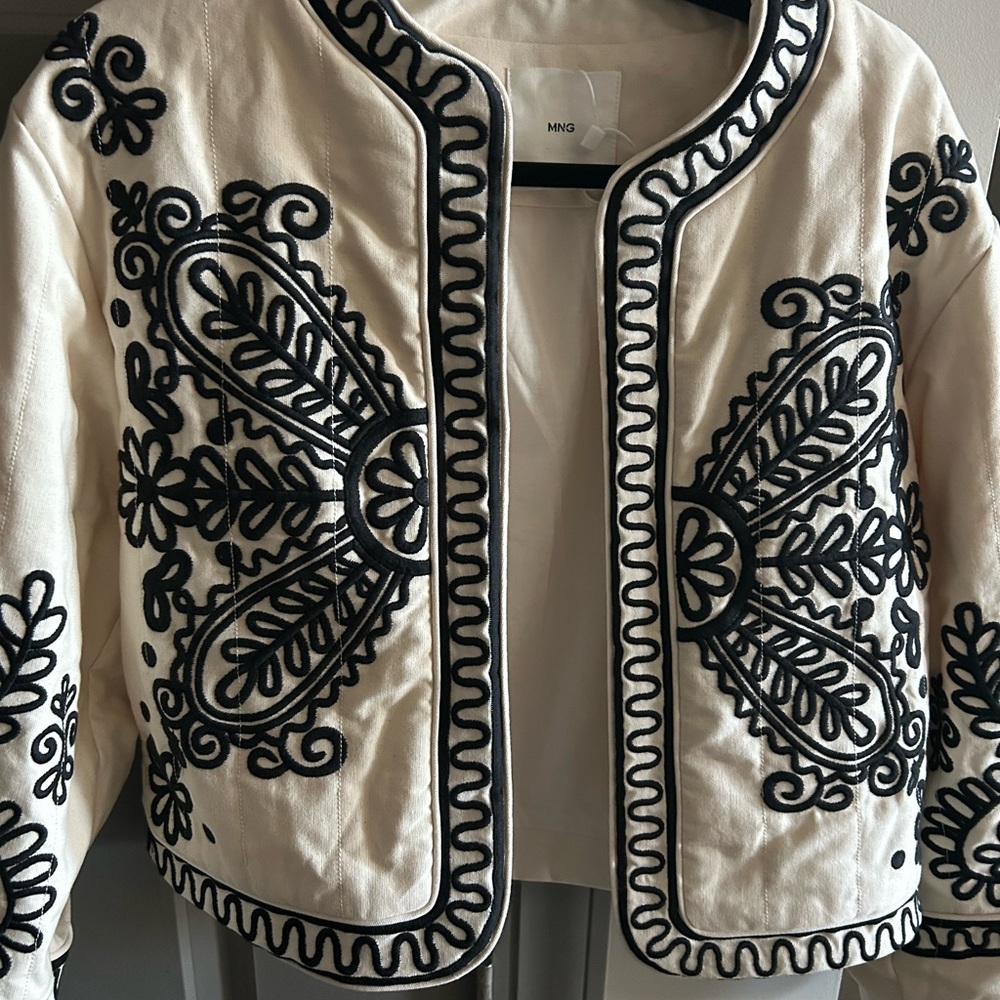 Mango Women's Cream Blazer with Black Embroidery